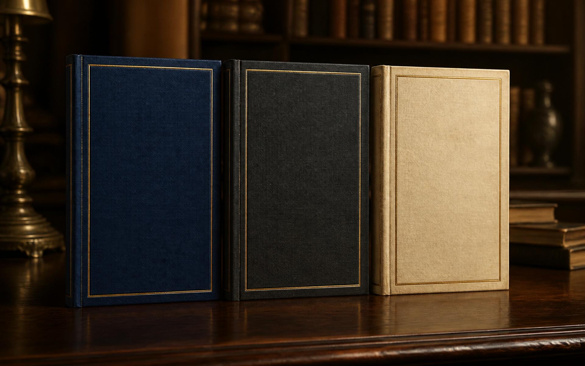 As três obras da Trilogia da Presença sobre mesa clássica de trabalho editorial